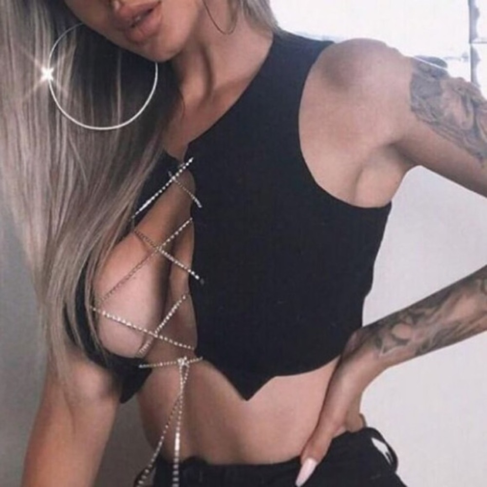 Sexy Crystals On Silver Chain Looped Thru Crop Tank Top Camisole Style Sparkled